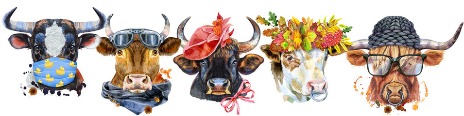 Border from watercolor portraits of bulls for decoration