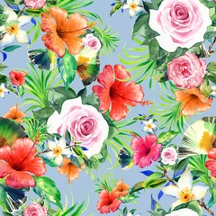 Tuinposter Seamless floral pattern lovely flowers drawn by paints on paper © Irina Chekmareva