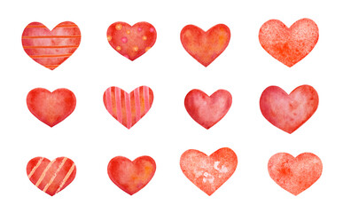 set of red watercolor hand drawn hearts isolated on white