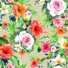 Seamless floral pattern lovely flowers drawn by paints on paper