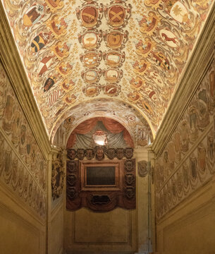 The finely decorated interiors of the municipal library Archiginnasio of Bologna,Italy