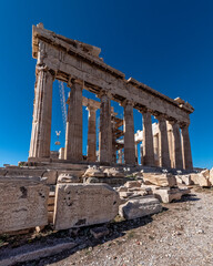 Parthenon ancient temple east front, standing on Acropolis hill, Athens, Greece