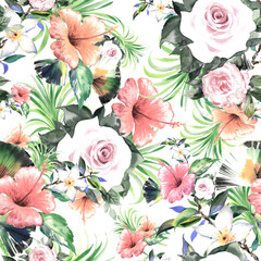 Seamless floral pattern lovely flowers drawn by paints on paper