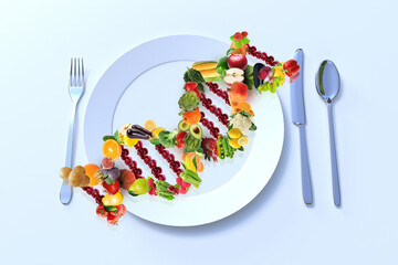 Nutrigenetics food concept DNA strand made from fruits and vegetables fresh served  ready to eat...