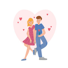 Couple in love, cheerful young woman and man  standing back-to-back, looking at each other, holding hands and smiling. Vector illustration