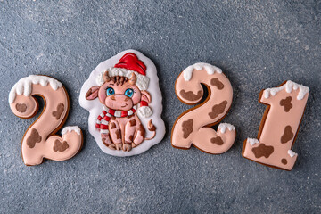 Happy New Year's set of numbers 2021. Ox-shaped cookies, symbol of the Chinese horoscope. Christmas homemade gingerbread cookies.