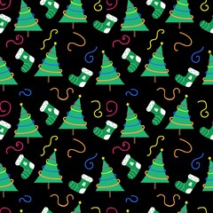 Obraz premium New Year tree with colorful garlands and a Christmas sock on a black background.