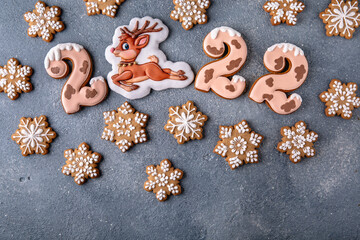 Happy New Year's set of numbers 2022. Christmas homemade gingerbread cookies.