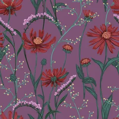 Meubelstickers Echinacea, wild flowers hand drawn vector seamless pattern. Abstract botanical sketches of field plants. Colored vintage floral background. Design for wallpaper, fabric, prints, decor, textile, wrap. © Olga Sayuk