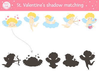 Saint valentine day shadow matching activity for children. Fun puzzle with cute holiday symbols. Educational game for kids with cupids and love theme. Find the correct silhouette worksheet. .