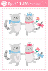 Saint Valentine day find differences game for children. Holiday educational activity with funny cats couple. Printable worksheet with cute characters. Puzzle for kids with love theme.