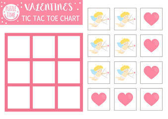 Vector Saint Valentine day tic tac toe chart with cute cupid and heart. Holiday board game playing field with traditional character. Love themed printable worksheet for kids. Noughts and crosses grid