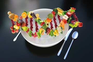 Nutrigenetics food concept DNA strand made from fruits and vegetables fresh served  ready to eat for healthy life 
