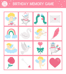 Vector Saint Valentine day memory game cards with traditional holiday symbols. Matching activity with cute characters. Remember and find correct card. Simple love themed printable worksheet for kids
