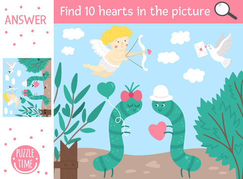 Vector Saint Valentine day searching game with cute caterpillars in the garden. Find hidden hearts in the picture. Simple fun educational holiday printable activity for kids with funny characters.