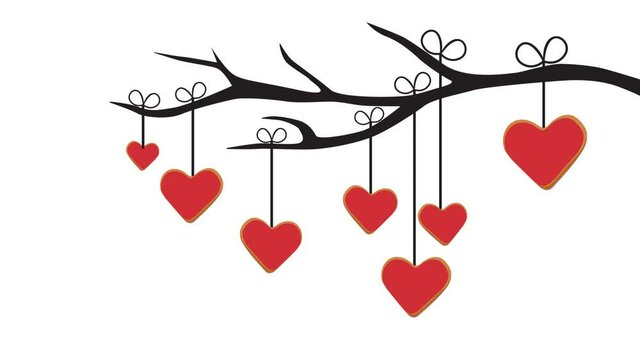 Cute red hearts on the tree. Video animated.