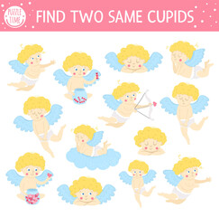 Find two same cupids. Holiday matching activity for children. Funny educational Saint Valentine day logical quiz worksheet for kids. Simple printable game with love theme.