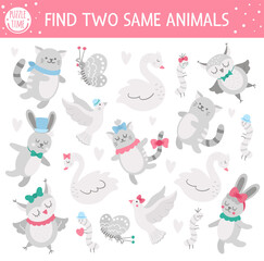 Fototapeta premium Find two same animals. Holiday matching activity for children. Funny educational Saint Valentine day logical quiz worksheet for kids. Simple printable game with love theme.
