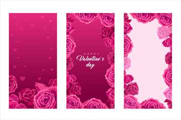 Valentines day vertical banners. Vector illustration, background for Valentine s day, cards, story with hearts. Frame with pink roses, concept of decoration for Happy Valentines day. Red background.
