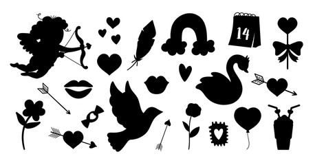Vector set of Saint Valentine day silhouettes. Collection of cute black and white characters and objects with love concept. Cupid, dove, hearts and swans isolated on white background. .