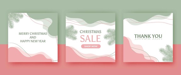Set of minimal square banner template. Christmas and new year sale promotion banner template design with leaf decoration. Usable for social media, banner and web internet ads. Flat design vector.