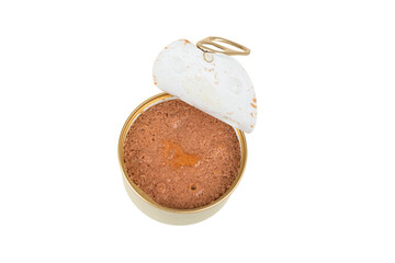 Chicken pate in a can isolated on white background. Canned cat food