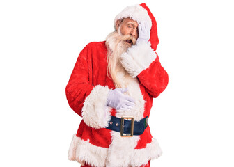 Old senior man with grey hair and long beard wearing traditional santa claus costume yawning tired covering half face, eye and mouth with hand. face hurts in pain.
