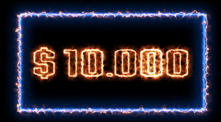 "$10.000" - sign. Sign in neon style. Abstract animation glowing neon blue light. 4K