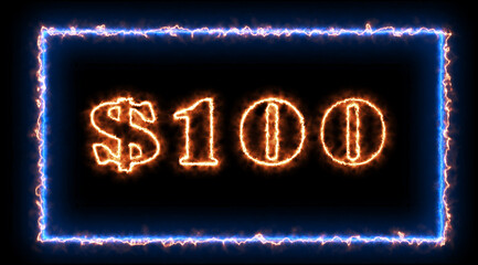 $100 - sign. Sign in neon style. Abstract animation glowing neon blue light. 4K