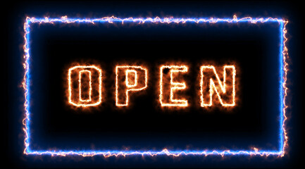Open - sign. Sign in neon style. Abstract animation glowing neon blue light. 4K