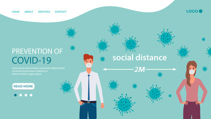 Social distance.COVID19 Coronavirus prevention.A call to maintain social distance in the context of the epidemic.Protection from coronavirus and flu.Landing page template.