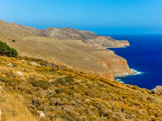 The view across the peninsula leading to Balos Beach, Crete on a bright sunny day