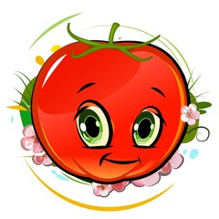Tomato cheerful smile. Juicy red   fruit with a muzzle. Cartoon style. Isolated over white background. Vector illustration. Bright summer composition.