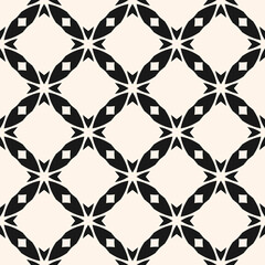 Vector abstract monochrome seamless pattern with carved grid, crosses, diamond shapes, floral silhouettes. Black and white geometric texture. Elegant geometrical background. Repeat decorative design