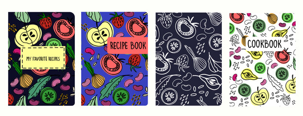 Cover page vector templates for recipe books based on seamless patterns with hand drawn fruit and vegetables. Cookery books cover layout. Healthy food, vegan food concept - obrazy, fototapety, plakaty