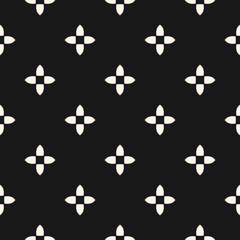 Simple abstract floral seamless pattern in Gothic style. Black and white vector texture with small flower silhouettes, crosses. Elegant minimal monochrome ornament background. Dark repeat design