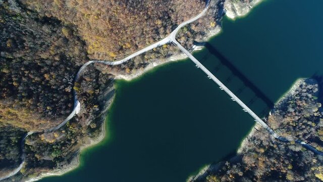 Aerial view of Lake Turano in Rieti, Castel di tora, colle di tora and Ascrea lakeside villages