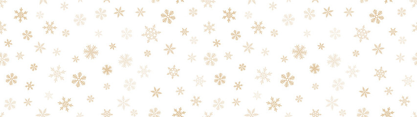 Vector seamless pattern with small gold snowflakes on white. Luxury golden background. Snowflake border texture. Winter holidays, Christmas, New Year theme. Wide repeat design for decor, web, print