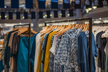 Obraz premium Women clothing on hangers in a mall - shopping in mall concept