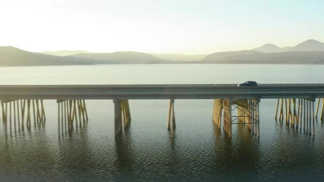 Drone view beside Long Bridge in Sandpoint Idaho on Highway 95