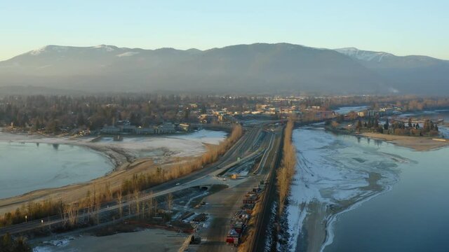 Aerial view rising above Sandpoint Idaho over highway 95