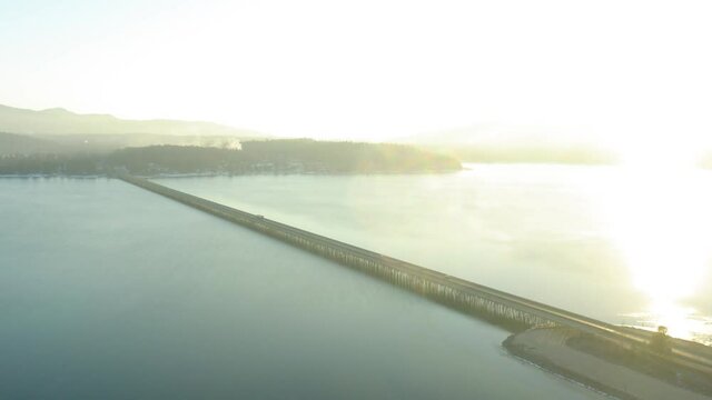 Aerial view of Long Bridge in Sandpoint Idaho going south HWY 95