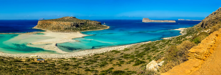 A view from the lower trail of Balos Beach and Gramvousa, Crete on a bright sunny day