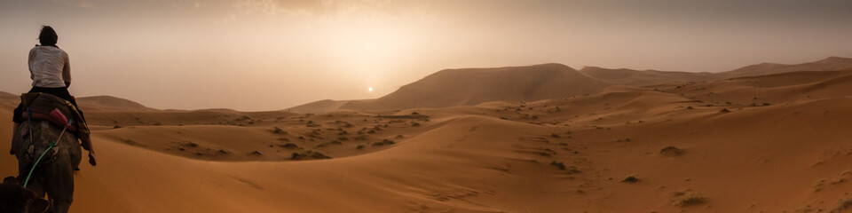 Young woman riding a dromedar through a sandstorm across the Saharan desert sands, Erg Chebbi  (عرق الشبي‎), Morocco