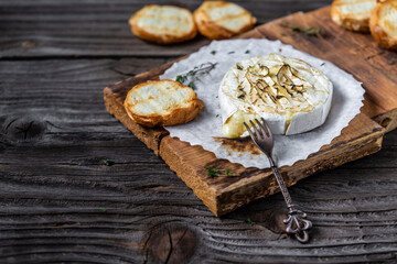 Hot baked or fried grilled Camembert or brie cheese with berry sauce or jam. Gourmet traditional...