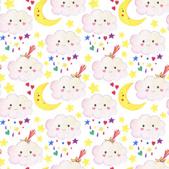 Watercolor painting cute seamless pattern with happy clouds, stars, heart, moon. Baby collection