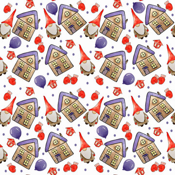 Cartoons gnomes house balloon gloves lantern isolated on white. Christmas background for a cup, wrapping paper, phone case, textile.
