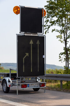 Aurach &ndash; Germany, August 19, 2018 : Roadsign on a trailer to keep right