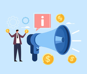 Business marketing megaphone strategy money concept. Vector flat cartoon graphic design illustration