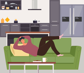 Man character laying on sofa home and relaxing. Vector flat cartoon graphic design illustration